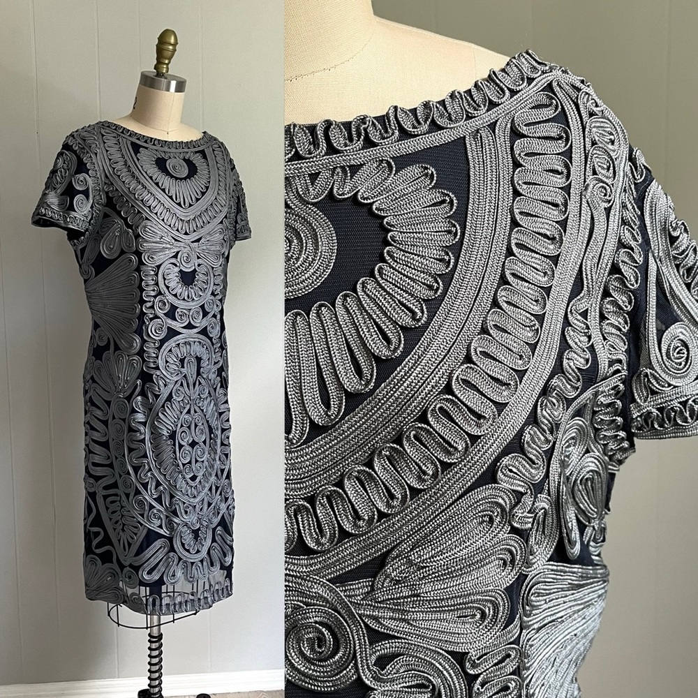 JS Collections Short Sleeve Mesh Cocktail Dress‎ Size 12 Soutache Sheer Cocktail